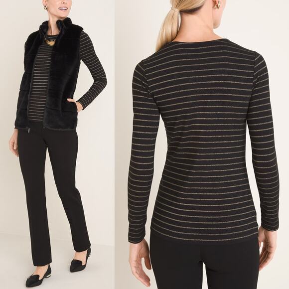 Chico’s | Striped Essential Layer Lurex Top Black & Gold Long Sleeve Stretch Tee - Picture 1 of 10